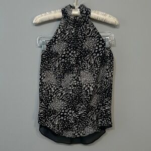 Tahari Halter Top‎ Womens XS Black White Animal Print Mixed Media Blouse